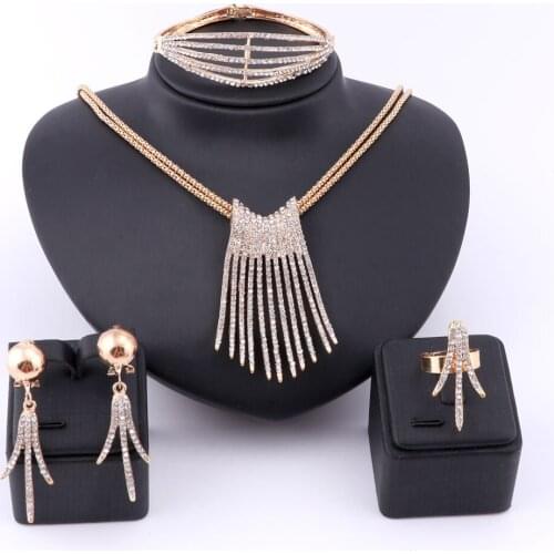Fashion Necklace Bracelet Ring Earrings Fine Rhinestone Jewelry Sets For Women Bridal Crystal Wedding Dress Accessories Set