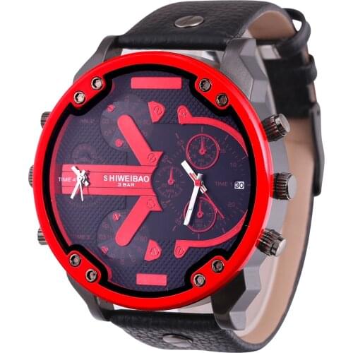 5.5cm Big Face Quartz Watch For Men Dual Times Date Mens Wrist Watches Man Black Leather Waterproof Military Relogio Masculino