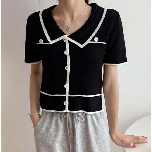 LJSXLS Summer Casual Button Black Knitted T Shirts Women Japanese Sexy Crop Tops Turn-down Collar Short Sleeve Tee Shirt Femme