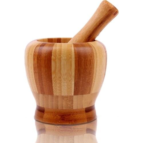 Bamboo Mortar Pestle Set Pedestal Bowl Kitchen Garlic Spice Grinder Pepper Mill Creative Cooking Tools Kitchen Accessories