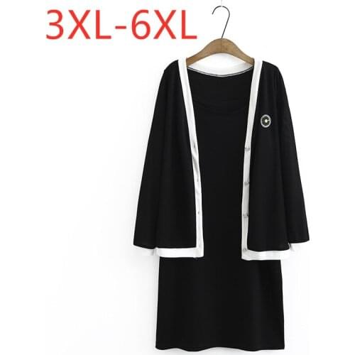New ladies autumn winter women plus size long sleeve loose black knit cardigan and tank dress two piece set 3XL 4XL 5XL 6XL