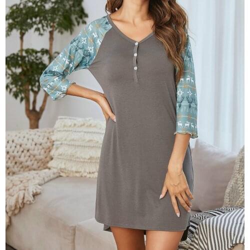 Sleepwear Contrast Color Patchwork Nightdress Women Slim Fitting Home Wear V-Neck Long Sleeve Christmas Sexy Sleepwear Women