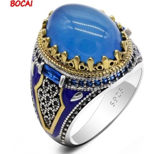 New foreign trade hot sale blue agate gemstone mens ring 925 silver two-color epoxy personalized ring