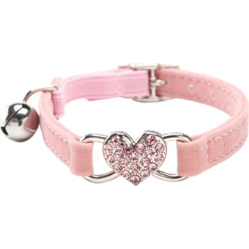 Heart charm and bell cat collar safety elastic adjustable with soft velvet material collar pet product small S pink