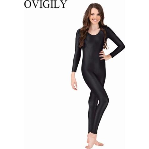 OVIGILY Womens Long Sleeve Unitard Bodysuit Dancewear Adults Nylon Black Unitards Ballet Underwear Full Body Catsuits Team Suit