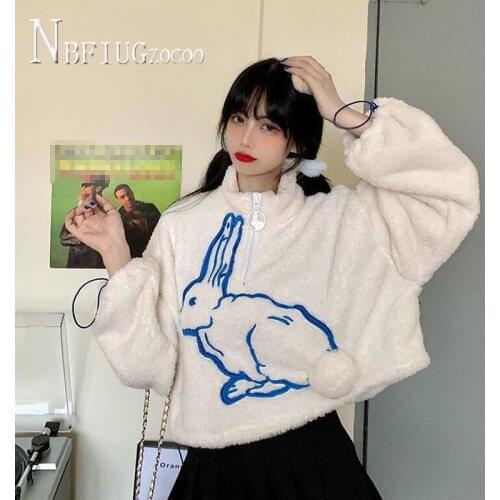 Fluff Stand Collar Women Sweatshirts Winter Korean Embroidery Rabbit Students Short Style Female Tops