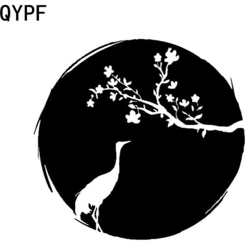 QYPF 13.3CM*12.6CM Beautiful Sakura Heron Crane Bird Flower Vinyl Decoration Car Sticker Decal C15-0799