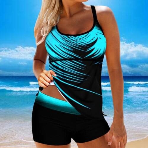Blue Printed Two piece Swimwear Women Swimsuit 2021 Plus Size Tankini Set Swimming suit for Women Bathing Suit with Shorts