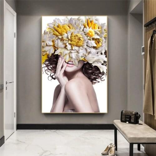 Modern Figure Lady Head Flower Picture Home Decor Nordic Canvas Painting Wall Art Posters and Prints Decor for Bedroom Dorm Room