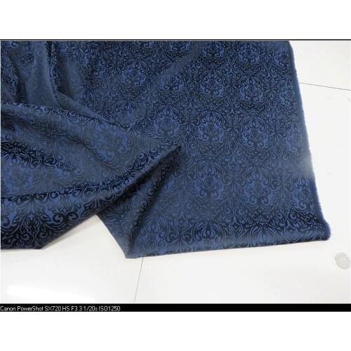 Dark blue jacquard brocade polyester-cotton fabric