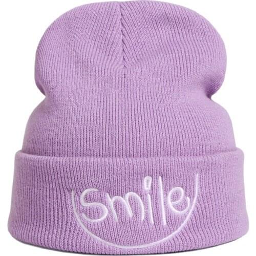 Smile Embroidery Beanie Hat Women Men Knitted Warm Winter Hats For Women Men Solid Color Hip-hop Casual Cuffed Beanies Bonnet
