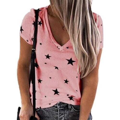 Women Summer Casual Deep V Neck Short Sleeve Stars Print Blouse T-shirt Top Vintage New Summer Women Tees