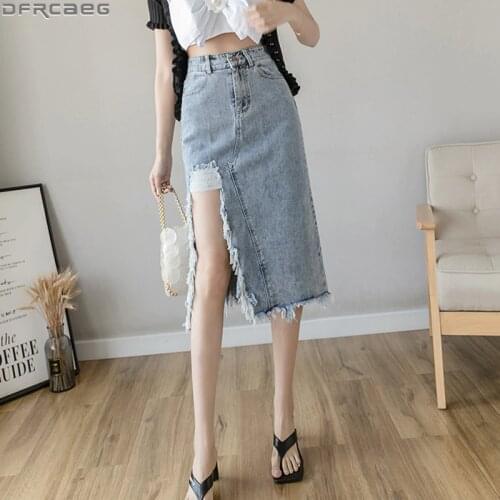 Sexy Streetwear Jeans Skirt Women High Waist Split Ripped Denim Skirts Burrs Tassel Midi Jupe Jean Femme Summer Bodycon Faldas