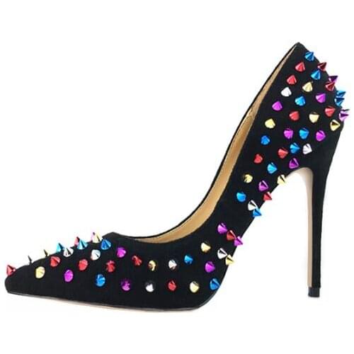 2019 Fashion New colorful rivets pointed toe high heels stiletto patent leather shallow mouth female shoes bridal wedding shoes