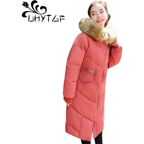 UHYTGF Fur collar Hooded Coat Women Parka Winter Jacket Women Jackets And Coats Long Coat Thick Slim Ladies Coats Outerwear 116