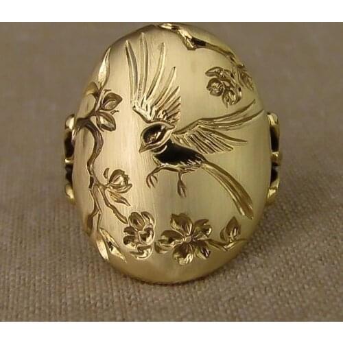 Milangirl Ladies Fashion Gold Colors Hand Engraved Flower Bird Pattern Rings for Women Wedding Engagement Party Fashion Jewelry