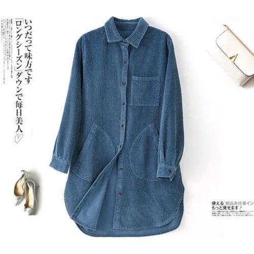 Women Tops Button Up Harajuku Shirt Corduroy Long Coat Shirts Female Pocket Long Sleeve 2021 Autumn New Korean Loose Blouses