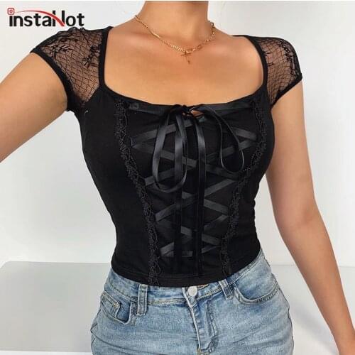 InstaHot lace splice t shirt sleeveless women crop top 2020 summer sexy bandage bodycon T shirt casual gothic streetwear tee top