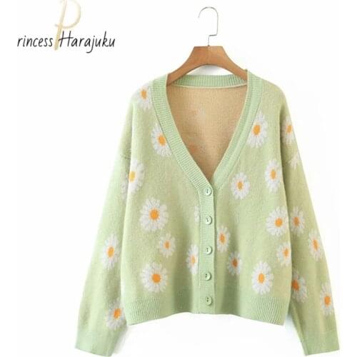 Womens Little Daisy Sweater Cardigan Top Casual Long Sleeve V Neck Floral Print Loose Knit Sweater Coat Cardigan 2021