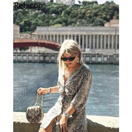 Women Summer Dress Sexy V-Neck Button Snake Print Party Dresses Vintage Half Sleeve Mini Dress Snakeskin dress vestidos