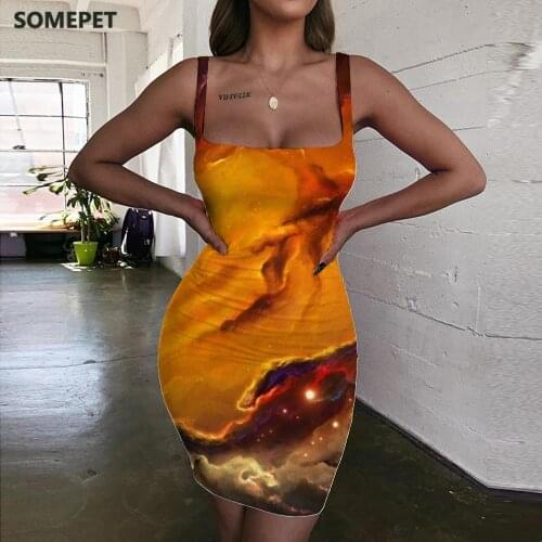 SOMEPET Galaxy Dress Women Nebula Vestido Sexy Universe Bodycon Dress Space 3d Print Womens Clothing Plus Size New Beach Fashion