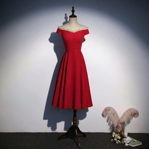 Prom Dress Red Button Off The Shoulder Knee-Length Simple Elegant Short Sleeves Pleat New A-Line For Women Party Prom Gown B1089