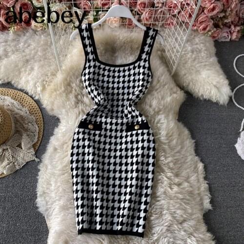 Square Collar Sleeveless Chic Knitting Tank Dress Women 2021 Trendy Mini Dress Stretchy Knitted Step Dress