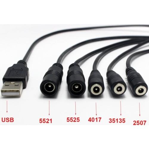1pcs 5.5*2.5 2.5*2.1 4.0*1.7 3.5*1.35 2.5*0.7mm Female DC Power Jack to USB Male Plug with 30cm Cable Charging Connecor