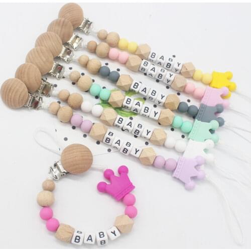 1Pcs Baby Silicone Pacifier Chain Cartoon Alphabet Silicone Beads Crown Wooden Pacifier Clip Chain Baby Feeding Best Gifts