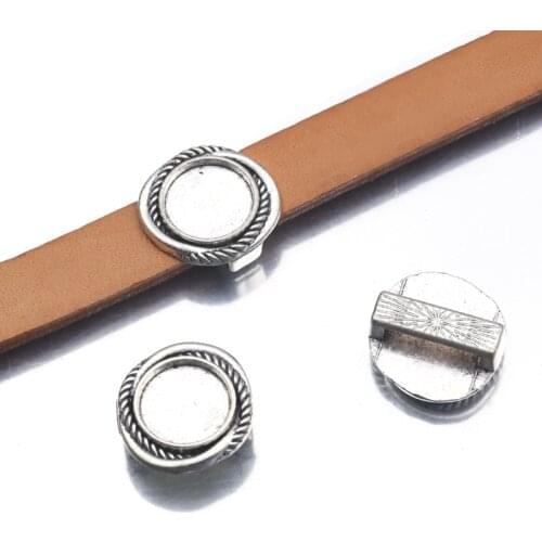 10Pcs Flat Leather Slider Beads Tibetan Silver Blank 10mm Cabochon Base Cameo Setting Diy Bracelets Jewelry Making Supplies