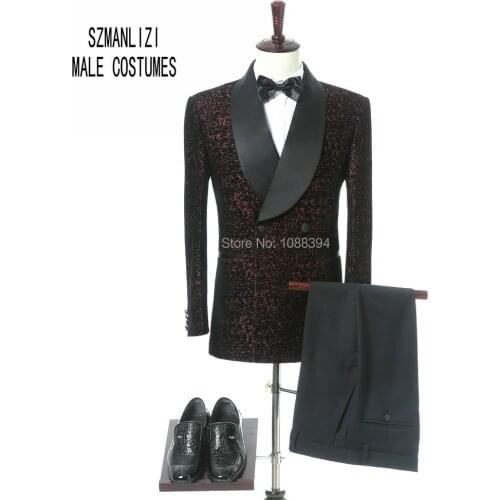 2018 Bespoke Men Suits Terno Slim Fit Burgundy Velvet Blazer Men Wedding Suit Double Breasted Wedding Groom Tuxedos Masculino