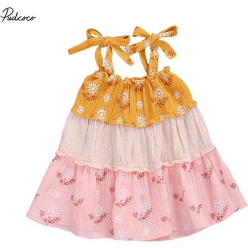 2020 Summer Lovely 0-5Y Toddler Baby Girls Dress Layered Striped Sleeveless Floral Print Ruffle Knee-length Linen Dress Holiday