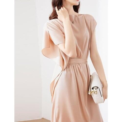 2021 Summer New Irregular Solid Color Dresses O-Neck Fashion Elegant Plus Size Batwing Sleeve High Waist Women Dresses LJ3247