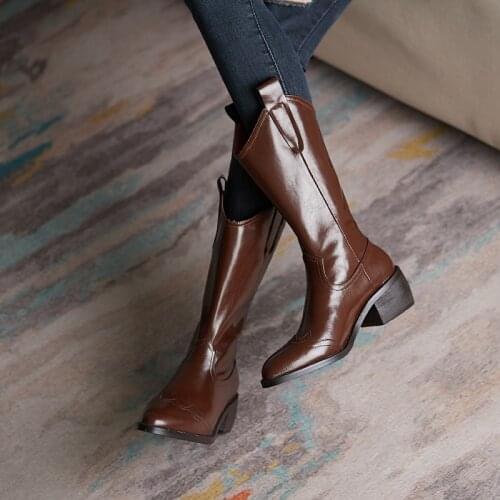 2021 Winter Western Boots for Women Genuine Leather Slip-On Woman Boots women shoes Retro Pointed Toe Mid-calf Heels