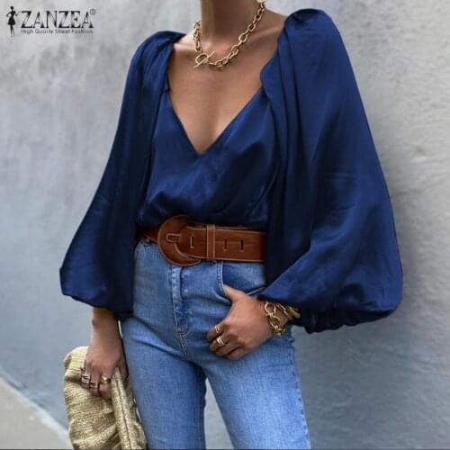 Womens 2021 Fashion Blouses Party Sexy V Neck Blusa Feminina Female Puff Sleeve Top Oversize ZANZEA Spring Streetwear Shirts