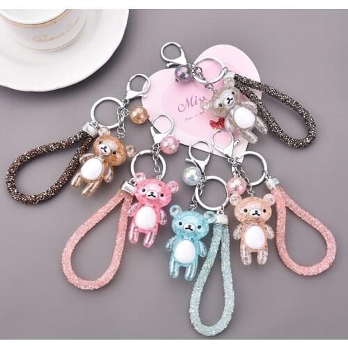 Cartoon Bear Key Ring Flash Drill Leather Rope keychain for Women Men Car Bag Key Pendant Creative Birthday Gift Key Chains