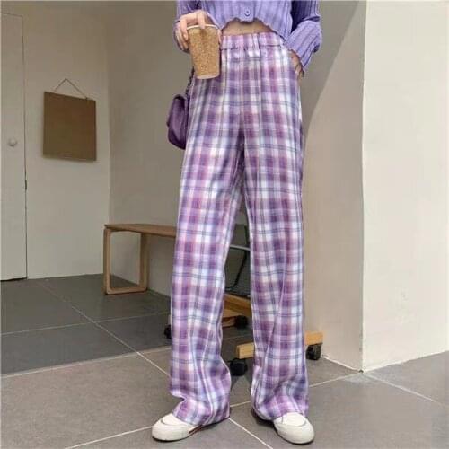 Jogger Pants Women Fashion purple Plaid Loose High Waist Female Trousers Track hip hop wide leg pants Summer Streetwear