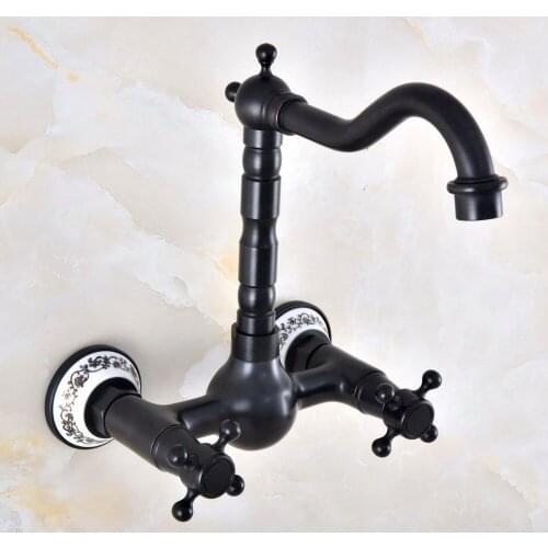 Black Oil Rubbed Bronze Bathroom Kitchen Sink Faucet Mixer Tap Swivel Spout Wall Mounted Two Handles mnf851