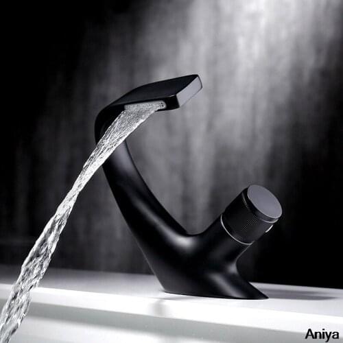 Black Faucet Bathroom Sink Faucets Hot Cold Water Mixer Crane Deck Mounted Single Hole Bath Tap Morden Chrome Waterfall Tap