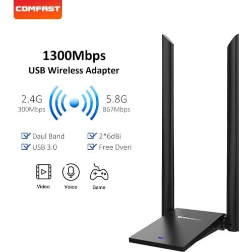 COMFAST 5.8GHz Usb WiFi Adapter 1300Mbps 802.11ac Long Distance WIFI Receiver 2*6dBi Antennas Dual Band CF-WU782AC
