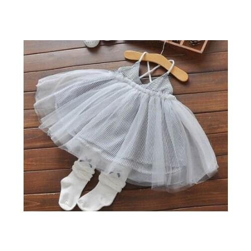 Kids Girls Dresses Grey Tulle Striped Suspender Sleeveless Ruched Back-off Dress Girls Clothes