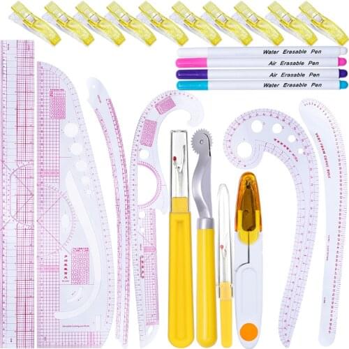 Nonvor French Curve Rulers Patchwork Rulers Sewing Tools Metric Cutting Ruler Measure Kit Pattern Design Ruler Scissors Clips