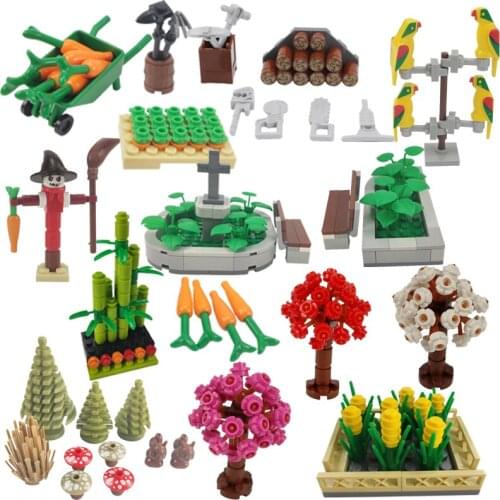 City Sets Bamboo Carrot Scarecrow Parrot Kart Mushroom Flower Bed Model Kids Toys Cities Building Blocks Birthday Present