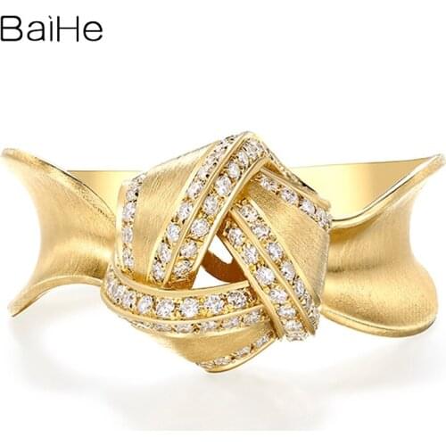 BAIHE Solid 14K Yellow Gold H/SI Natural Diamonds Wedding Band Trendy Fine Jewelry Making Flower Rings Women кольца кольцo