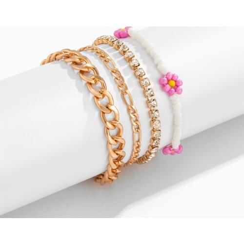 Y2K Beaded Flower Layered Chain Bracelets Set for Women Boho Thick Chains Rhinestones Bracelets 2021 Fashion Hand Chains Jewelry
