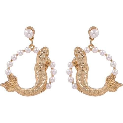 Fashion Golden Fish Earrings Women Geometric Statement Circle Drop Earrings Jewelry Female Faux Pearl Dangle Earrings