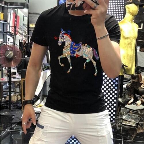 Tops Tees Diamond stone Men tshirts Short Sleeve Casual Male Rhinestones horse slim fit Homme Top tees