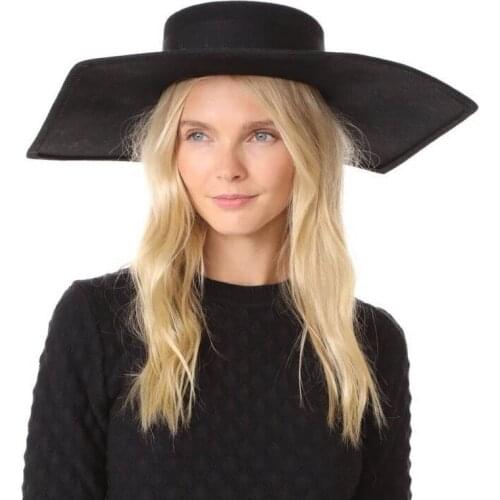 New six-sided Wool flat-top big brim top hat stage catwalk concave shape strap flat-top felt hat womens hats fashionable