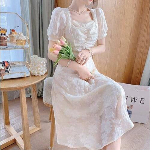 Bella 2021new Elegant Fairy Dress Women French Vintage Floral Princess Midi Dress Casual Kawaii Short Sleeve Party Dress Summer