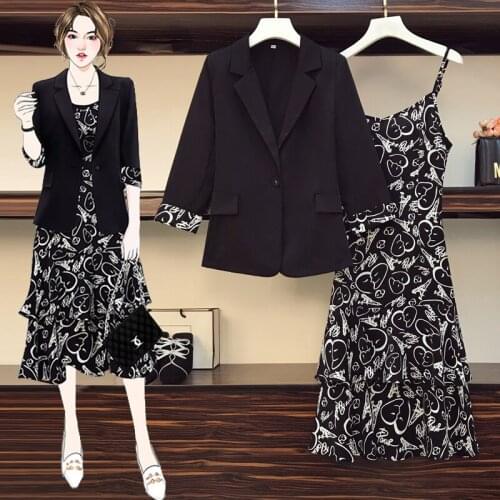 Large womens dress 2021 spring dress new fashionable suit coat fat sister foreign style slim dress two piece suit
